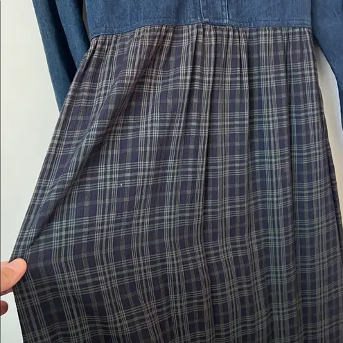 90s Studio Ease Cottagecore Vintage Denim Plaid Maxi Dress Long Sleeve Sz 10 Blue