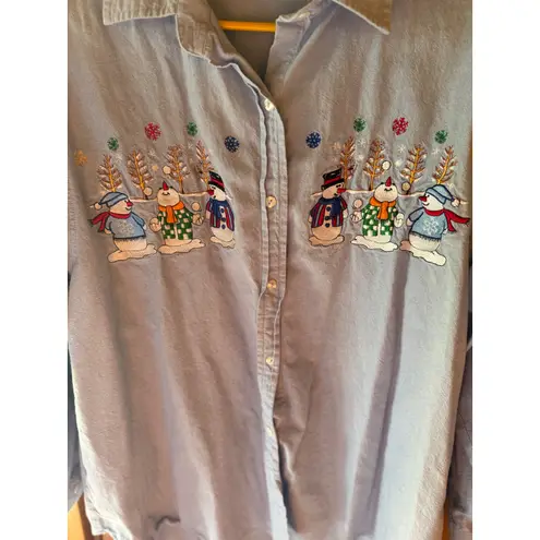 Casey Coleman Women's Embroidered Snowman Christmas Holiday Shirt Denim Size XL Blue