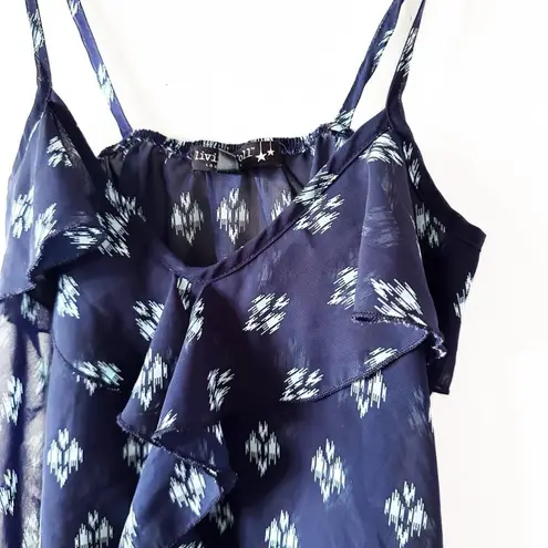 Living Doll Blue and White Printed Ruffle Strap Top Women's Size S