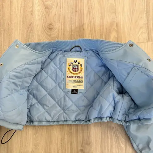 NEW! Smoke Rise Red PU Leather Varsity Jacket Coat Baby Blue Cropped Y2K Sz S Size M