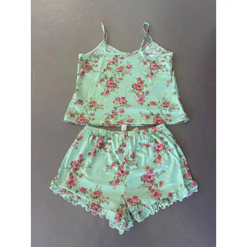 Floral Pajama Set Cami Top & Shorts Ruffle Trim Sleepwear Loungewear M Green Size M