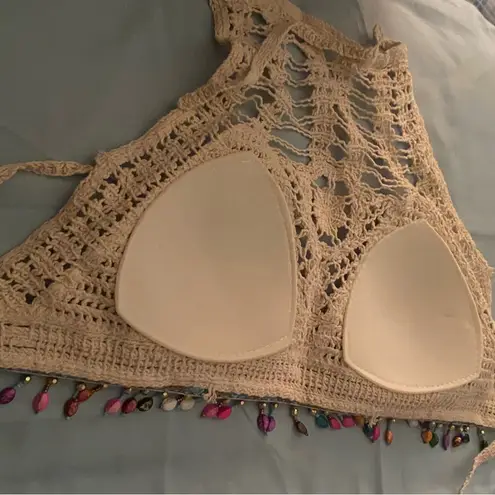 Handmade Boho Beaded Fringe HalterTop Beige L Large Crochet Crocheted Bust 38”