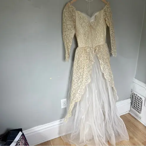 Vintage Lace Neckline Tulle Long Sleeve Princess Embroidery Dress Small 4 Cream White