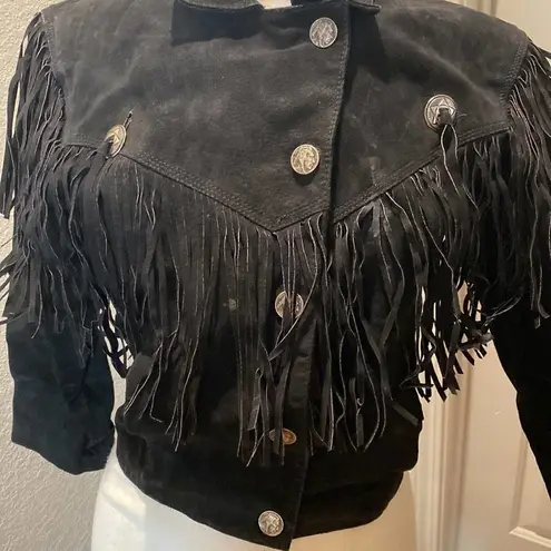 Vintage Women’s Black Leather Suede Jacket w/ Fringe Tassels Western Sz S