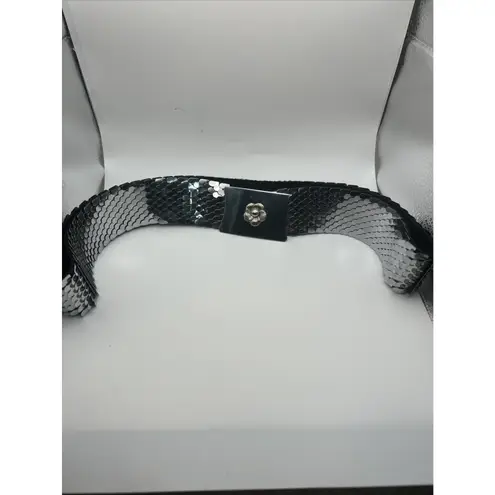 Vintage Silver Fish Scale Belt Metal STRETCHY Flower Buckle Shiny Sparkly Disco