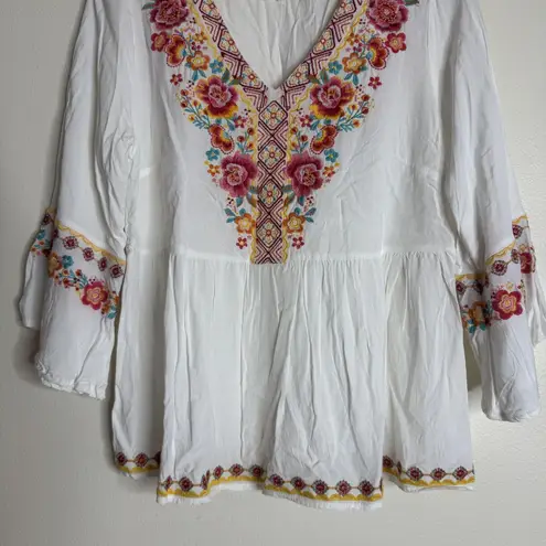 Savanna Jane Shirt Womens Medium White Embroidered Boho Peasant Tunic 3/4 Sleeve