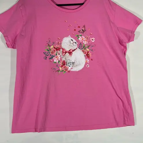 AZALEA SITTING KITTY PRINTED SHORT SLEEVE COTTON TEE WOMENS LG PINK PREOWNED