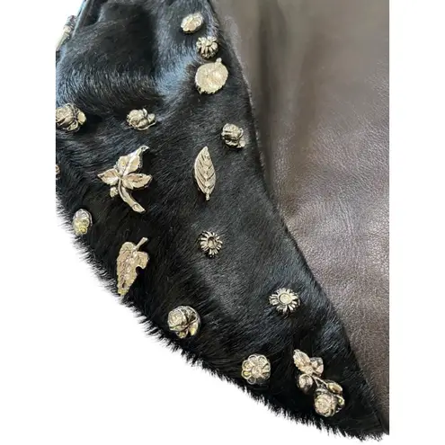 Berge NWOT Black Leather Calfhair Hobo Shoulder Bag Charms Rhinestone Italy New