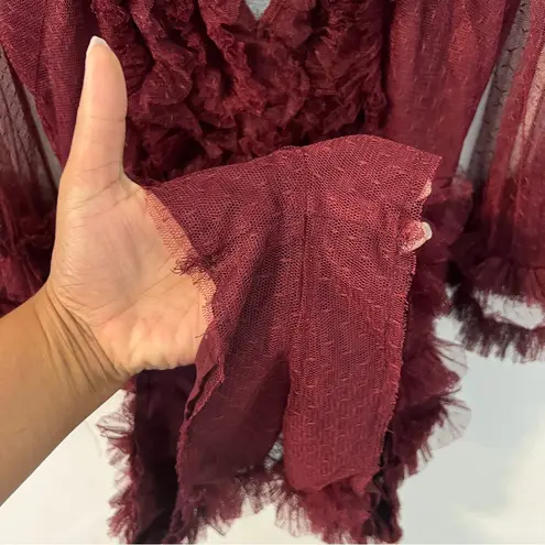 Luxxel  Deep V Neck‎ Burgundy Sheer Mesh Flare Bell Sleeve Romper Ruffles Size S
