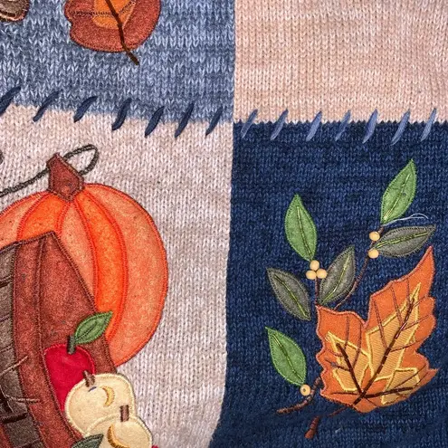 Vintage Fall Autumn Thanksgiving Blue Patchwork Embroidered Knit Zip Sweater 1X