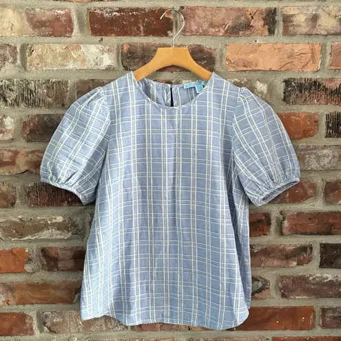 Draper James Blue Cotton Linen Windowpane Puff Sleeve Short Sleeve Shirt Top, S