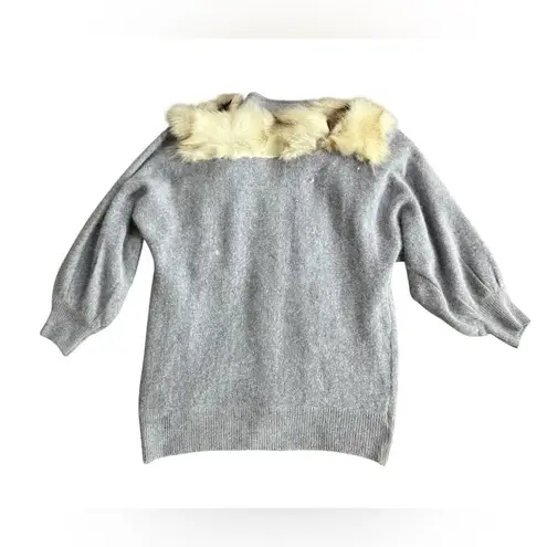 Rare Vintage Kamiran Gray Angora Button Up Sweater w/Full Taxidermy Fox Medium Blue