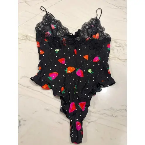 Alessandra Rich Strawberry Print Silk Jacquard Bodysuit in Black 42 New Womens Size undefined