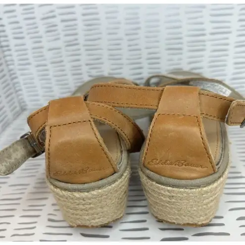 Eddie Bauer  W. Kara Canvas‎ Wedge Sandal Brown Leather Straps Size 9