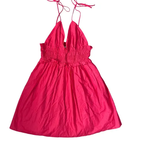 ZARA  Ruffled Babydoll Scrunched V-Neck Mini Dress Fuchsia Pink Size XS‎