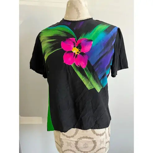 Vintage Custom Made Silk Watercolor Shirt & Kimono Set Small Black