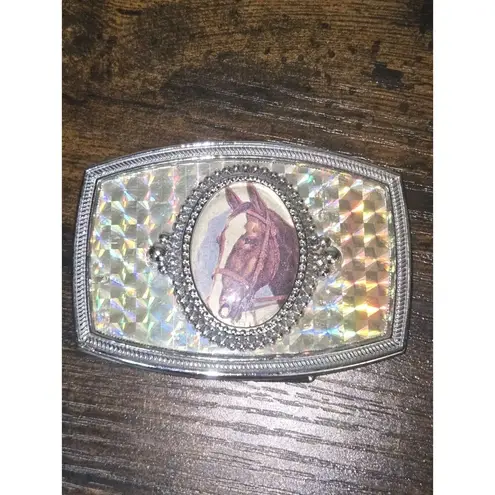 Vintage Horse Belt Buckle Silvertone Metal & Holographic Cowboy Western RARE