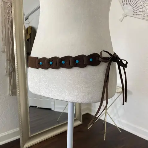 Western Boho Faux Blue Turquoise Brown Faux Leather Tassel Braided Waist Belt 30