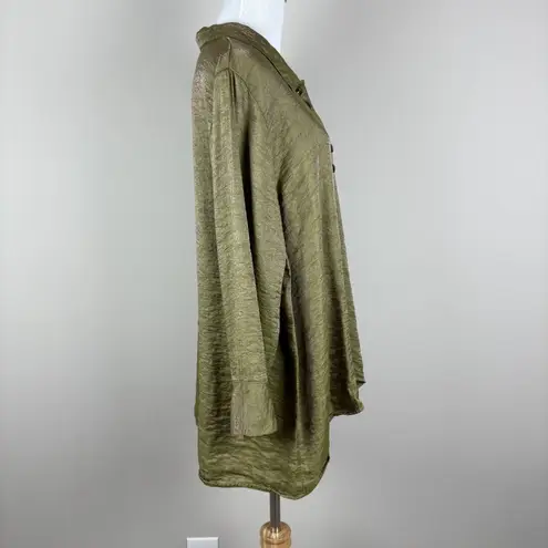 Habitat Blouse Top Womens Large Green Shimmery Metallic Button Up Collared Shirt