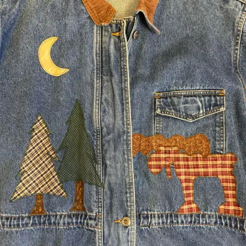Vintage Cabincore Denim Barn Jacket with Moose cabin and tree Accents, size XL Blue