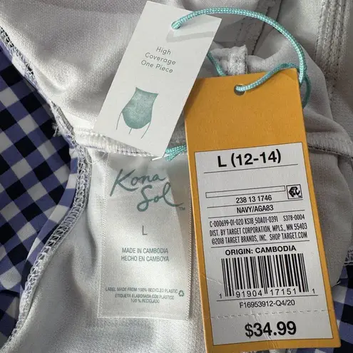 Kona Sol Large (12/14) Swim 1-Piece Ruffled Checked Padded Cup Lined Ruched Blue