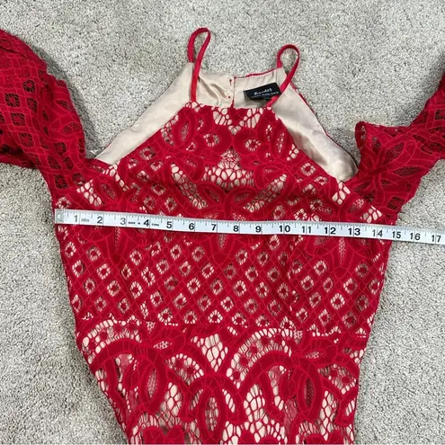 Bardot Mila Lace Dress Cold Shoulder Flare Sleeve Halter Neck Red Cut Out Back 4