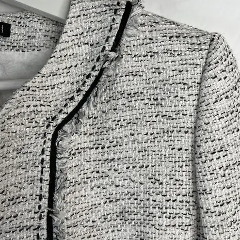 Tahari Size 6 Tweed Blazer Jacket White Black Fringe Stitch Detail V-Neck READ