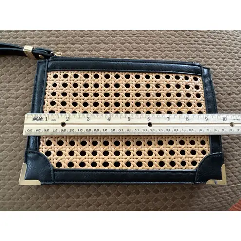 wicker woven clutch zip top wristlet black Vegan Trim tan gold hardware preowned