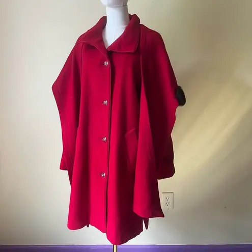 Vintage Dennis Basso Red Wool Cashmere Coat Hooded Faux Fur Trim Scarf Small