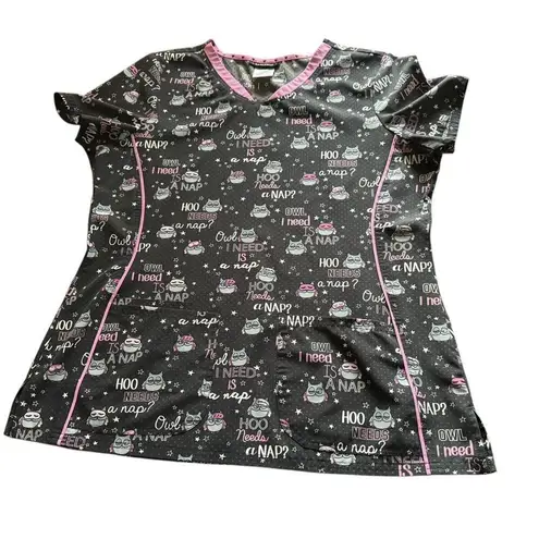 Heart soul Owl Scrub Top Women's Large Hoo Needs A Nap Print V-Neck Pink Black