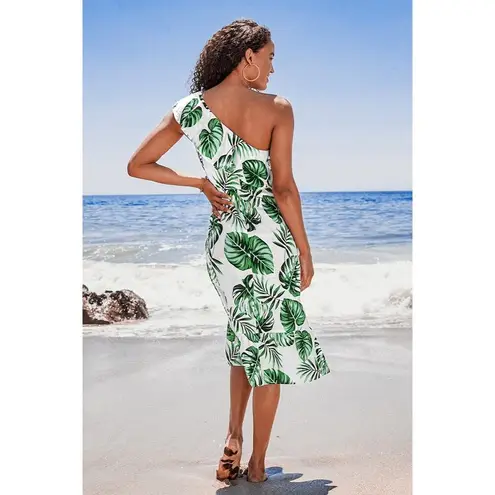 Cupshe  Tropical One Shoulder Cotton Ruffle Leaf Print Midi Coverup Dress XS