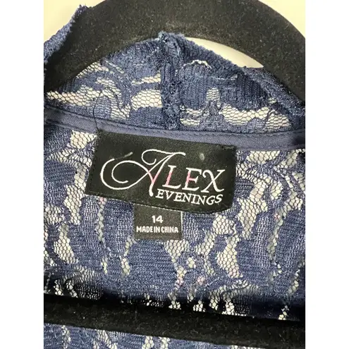 Alex Evenings Navy Blue Lace Sequin Open Front Bolero Jacket Women's Size 14