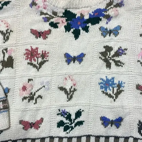 90s Vintage The Weathervane Floral Butterfly Patterned Knit Sweater Cream Large