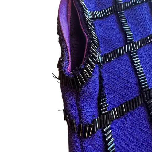 Carmen Marc Valvo VINTAGE Royal Blue Wool & Black Beaded Dress –Size M (runs SM)