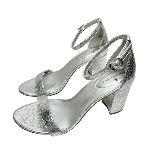 Bandolino Sandals Womens Size 5.5 Silver Open Toe Ankle Strap Block Heels