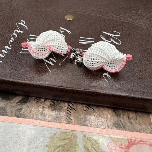 Vintage Handmade White Mesh & Pink Beaded Drop Earrings Retro 80s