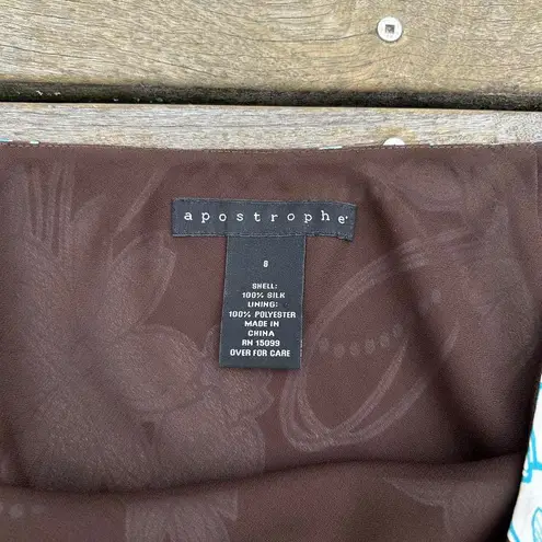 Apostrophe Brown w/ Blue Floral 100% Silk Midi Skirt w/ Asymmetrical Hem