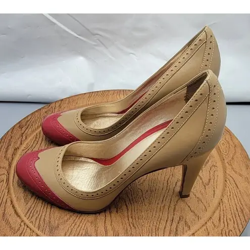 Pour La Victoire Tan / Red Leather Mary Janes Pumps Heels Women's Size 9.5