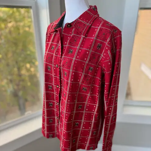 Vintage 90s Krazy Kat Red Plaid Metallic Christmas Woven Button Down Shirt Sz L Size L