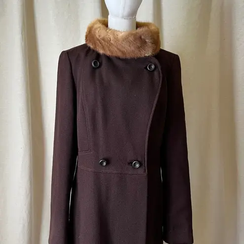 Vintage 1960s Lane Bryant Tall Shop Wool Coat w/ Genuine Mink Fur Collar Sz M Brown