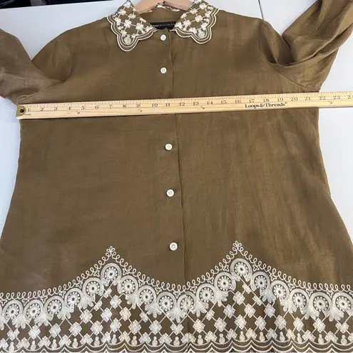 Dana Buchman 100% Linen Embroidered Button Front Brown Floral Scallop Trim 10