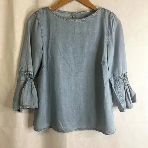 J Jill Denim Tencel Blouse Flare 3/4 Bell Sleeve Size XSP Blue