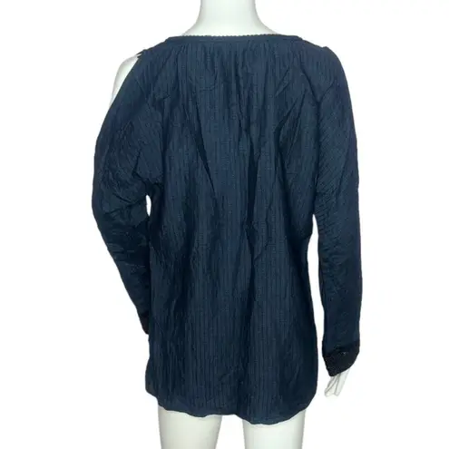 Soft Surroundings Shirt Womens Small Navy Blue Chandra Top Tonal Stripe Beading