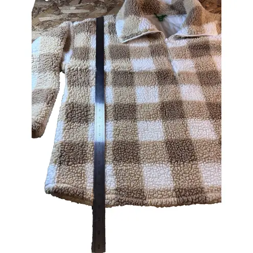 Dip Sherpa Fleece Plaid Pullover Tan & White Checkered Teddy Size 2XL 1/2 Zip Brown