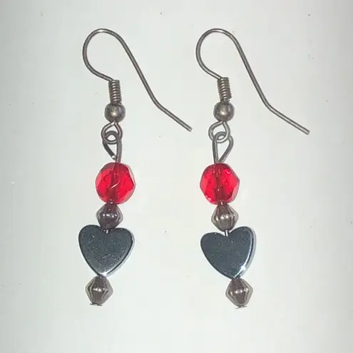 Black Metallic Hematite Heart Drop Earrings with Red and Silver Accents