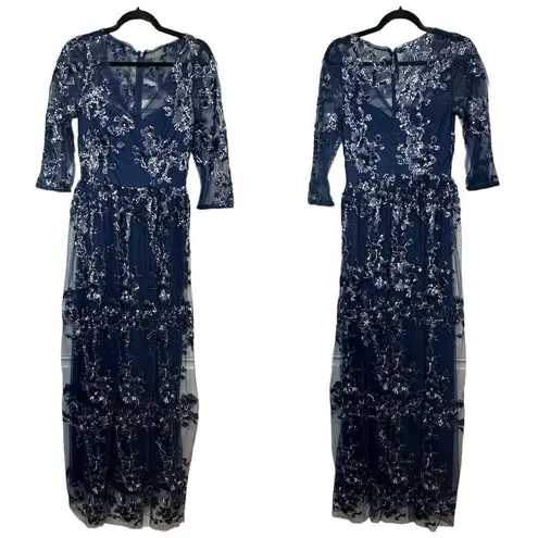 Carmen Marc Valvo Infusion Blue Embroidered Tulle Gown Sequins V-Neck Formal