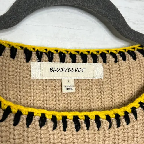 Blue Velvet Crochet Granny Square Boho Knit Sweater Size Small Multicolor Tan