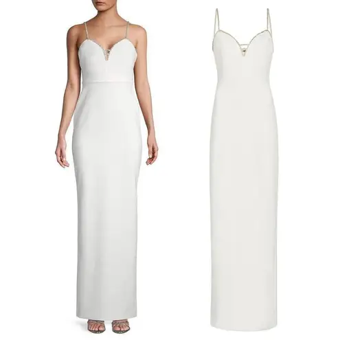 Likely NEW Britta Gown White Silver Straps Back Slit Regular Price $439.00 Sz 10