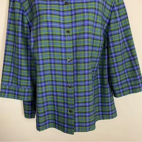 Vintage Plaid Top Cropped Sleeves Blue Green Plus Size 18WP Petite Twee Classic