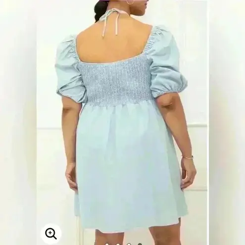 Eloquii Elements Chambray Tie Neck Puff Sleeve Dress Light Wash Denim Size 18